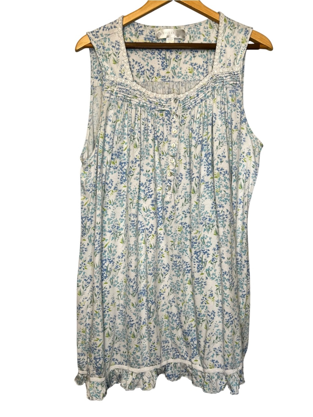 Eileen West Floral Sleevless Nightgown Blue Green White Dainty Cottagecore Ditzy